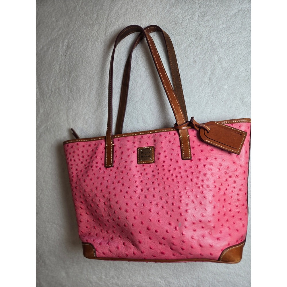 Dooney & Bourke Pink Ostrich Embossed Leather Tote Bag Tan Trim Logo Plate
